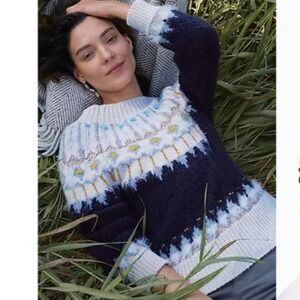 Anthropology Sleeping on Snow Fair Isle Knit Sweater Beaded Embellished